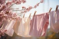 Laundered clothes hanging on a line in front of spring background. Generative AI Royalty Free Stock Photo