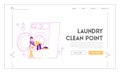 Launderette Washing, Cleaning Service Landing Page Template. Female Character in Public Laundry Laying Clean Clothes