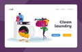 Launderette Washing Service Landing Page Template. Character in Public Laundry Put Coin, Take Clean Clothes to Basket