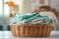 Laundry basket on blurred background of modern washing machine for household chores Royalty Free Stock Photo