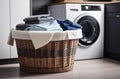 Laundry basket on blurred background of modern washing machine Royalty Free Stock Photo