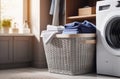 Laundry basket on blurred background of modern washing machine Royalty Free Stock Photo