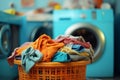 Laundry basket on blurred background of a modern washing machine in a spacious laundry room setting Royalty Free Stock Photo