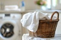Laundry basket on blurred background with washing machine, copy space, housework concept