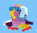 Laundry basket with dirty clothing. Wash pile clothes with stains. Clean socks, shirts and pants. Cotton apparel Royalty Free Stock Photo