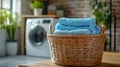 A laundry basket filled with folded towels sits in front of a washer Royalty Free Stock Photo