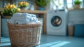 A laundry basket filled with folded towels sits in front of a washer Royalty Free Stock Photo