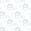 Laundry basket and folded sheets, clothespins, towels and detergent. Seamless pattern with isolated drawings.