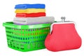 Laundry basket full of clean clothes with purse coin, 3D rendering