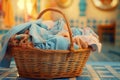 Laundry basket with modern washing machine in blurred background for household chores concept Royalty Free Stock Photo