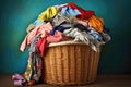 Laundry Basket Overflowing With Colorful Childrens Clothes. Generative AI