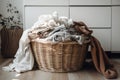 laundry basket overflowing with warm and fresh clothes on a breezy day