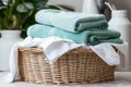 Laundry basket placed in front of a modern washing machine with a blurred background Royalty Free Stock Photo
