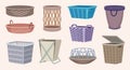 Laundry baskets. Different containers for messy clothes plastic baskets for washing exact vector illustrations set