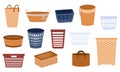 Laundry baskets. Empty jute woven plastic buckets, bin bags and woven rattan baskets for washing and cleaning. Vector