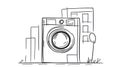 Hand-drawn sketch of a modern washing machine in front of abstract buildings Royalty Free Stock Photo