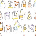 Laundry and cleaning chemical detergent boxes and bottles seamless pattern, vector