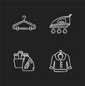 Laundry, clothes care chalk white icons set on black background. Delicate fur dry cleaning and ironing. Fabric softener Royalty Free Stock Photo