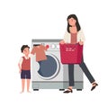 Laundry concept. young boy ,son is help his mother washing clothes, doing laundey with Modern washing machine. Flat vector cartoon