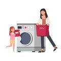 Laundry concept. young girl ,daughter is help his mother washing clothes, doing laundey with Modern washing machine. Flat vector