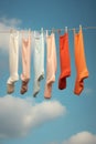 Laundry cotton clean colours clothespin clothesline hang drying blue clothes Royalty Free Stock Photo