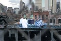 Laundry day in New York City, clothes drying on a Manhattan rooftop among graffiti and skyscrapers