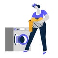 Laundry day, washing machine and basin with clothes, cleaning service