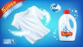 Laundry detergent ad with clean white T-shirt and liquid product package, plastic bottle with label, Alpine freshness