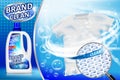 Laundry detergent ad poster. Stain remover package design for advertising with soap bubbles and closeup fiber structure