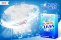 Laundry detergent ad poster. Stain remover package design for advertising with soap bubbles. Washing detergent banner