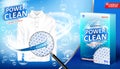 Laundry detergent ad. Stain remover package design for advertising with soap bubbles, closeup look at fiber structure Royalty Free Stock Photo