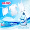 Laundry detergent ad. Washing White clothes hanging on rope and plastic bottle
