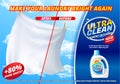 Laundry detergent ads, bright white clothes sheets hanging out to dry on blue sky background with product package design Royalty Free Stock Photo