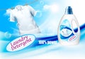 Laundry detergent ads. Plastic bottle and white shirt on rope. Royalty Free Stock Photo