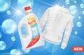 Laundry detergent advertising. Realistic bottle detergent. Washing clothes vector poster with white hoodie Royalty Free Stock Photo