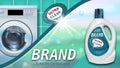 Laundry detergent. Package design for Liquid Detergents ads with realistic washing machine. Branded bleach, fabric softener.