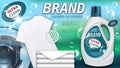 Laundry detergent in plastic container, clean towels and white t-shirt. Package design for Liquid Detergents ads with realistic Royalty Free Stock Photo