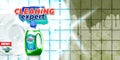 Laundry detergent banner. Bottle filled by detergent with clean plates on combined dirty and clean background show cleaning power.