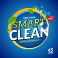 Laundry detergent smart clean design cleaner. Wash powder product template. Package design background