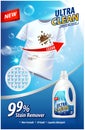 Laundry detergent, stain remover ad template. Ads poster design on blue background with white t-shirt. Vertical Vector