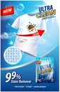 Laundry detergent, stain remover ad vector template. Ads poster design on blue background with white t-shirt and stains