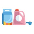 Laundry detergents. Washing powder in a soft package. Fabric softener. Washing powder in a measuring spoon.