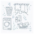 Laundry doodle set. Washing clothes, machine, laundry detergent, laundry basket, clothes dry on ropes, dryer for clothes