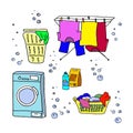 Laundry doodle set, washing clothes, washing machine, laundry detergent, laundry basket, clothes dry on ropes, dryer for