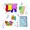 Laundry doodle set. Washing machine, washing clothes, laundry detergent, laundry basket, clothes dry on ropes, dryer for