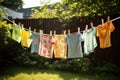 Laundry drying on a clothesline in the garden in summer, children\'s colorful clothing drying, AI Generated Royalty Free Stock Photo