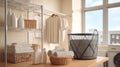 Laundry essentials with towels and hamper in sunlit room interior setup. Dorm corner with foldable laundry hamper, mesh laundry Royalty Free Stock Photo