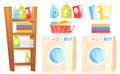 Laundry furniture object. Washer machine, iron, washing powder, shelves with household things for cleaning the house and towels