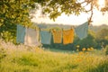 Laundry hanging on a clothes line in a field of flowers Royalty Free Stock Photo