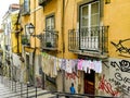 Laundry hanging outside in street in Lisbon, Portugal